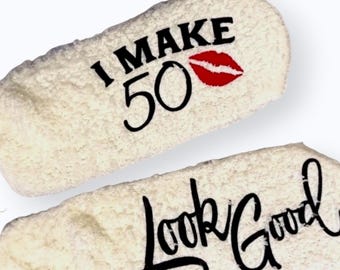 Personalized fuzzy socks 50th birthday gift idea custom warm socks for her customized 50 and fabulous present funny milestone birthday gift