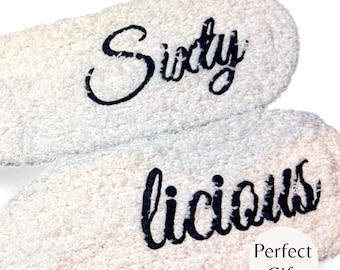 Sixtylicious Fuzzy Socks for Women Personalized 60th Birthday Gift Idea Custom Funny Socks Customized for Her christmas gift Comfort Style