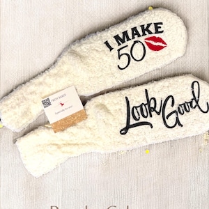 Personalized fuzzy socks 50th birthday gift idea custom warm socks for her customized 50 and fabulous present funny milestone birthday gift