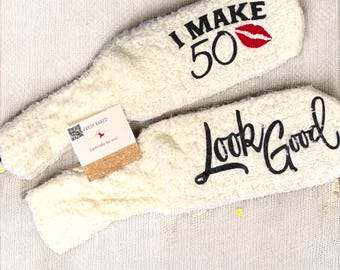 Personalized fuzzy socks 50th birthday gift idea custom warm socks for her customized 50 and fabulous present funny milestone birthday gift