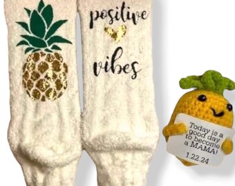 Custom Positive Vibes Fuzzy Socks with Crochet Pineapple Personalized IVF IUI Transfer Day Socks Customized Fertility Gift Idea Comfort