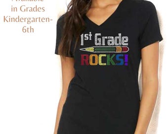 Personalized 1st Grade Rocks Shirt with Rhinestones for Teachers Custom Bling Teacher Shirt Customized Gift Idea for Back to School