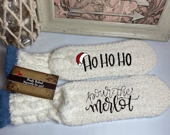 Christmas socks | Christmas Ho Ho Ho Pour the Merlot Socks | Fun Christmas socks for women | Christmas Gift
