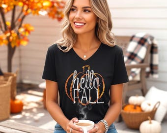 Custom Hello Fall Shirt Womens Glitter Rhinestone Bling Tee Bedazzled Autumn Top Personalized Gift Idea Customized Outfit