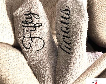 Fiftylicious fuzzy socks personalized custom cozy birthday gift idea for her customized 50th birthday socks milestone birthday gift