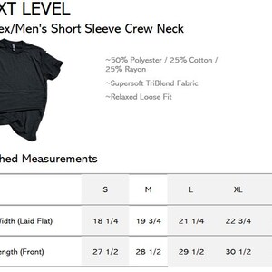 May include: Black short sleeve crew neck t-shirt. The shirt is made of a blend of polyester, cotton, and rayon. The chest width is 18 1/4 inches for size S, up to 24 3/4 inches for size 2XL. Body length is 27 1/2 inches for size S, up to 31 1/2 inches for size 2XL.