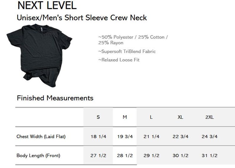 May include: Black short sleeve crew neck t-shirt. The shirt is made of a blend of polyester, cotton, and rayon. The chest width is 18 1/4 inches for size S, up to 24 3/4 inches for size 2XL. Body length is 27 1/2 inches for size S, up to 31 1/2 inches for size 2XL.