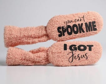 Womens You Cant Spook Me I Got Jesus Fuzzy Socks Personalized Halloween Gift Idea Custom Christian Socks Customized Faith Fall Outfit