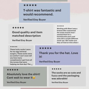 May include: Image featuring customer reviews on various products. The reviews are displayed on colored rectangular backgrounds with text such as "I absolutely love them! Great gift" and "Good quality and item matched description."