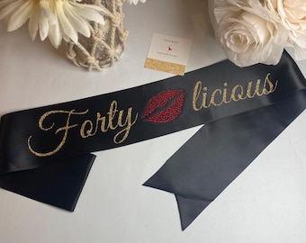 Fortylicious satin sash with rhinestone embellishment personalized birthday gift custom 40th sash customized party accessory gift idea