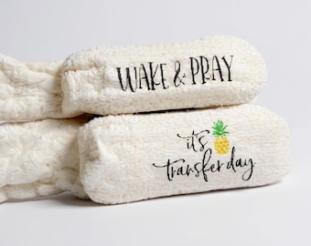 Wake and pray it’s transfer day fuzzy socks personalized custom IVF socks customized embryo transfer gift idea fertility journey support
