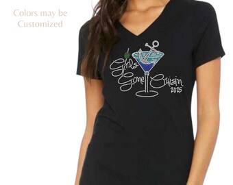 Custom Rhinestone Girls Gone Cruising Shirt with Martini Glass - Cruise Shirts for Groups, Girls Trip, Bling Cruise T, Cruise Party Shirt