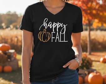 Custom Happy Fall Rhinestone Shirt for Women Bedazzled personalized autumn tshirt gift idea holiday party shirts thanksgiving customized