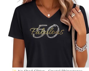 Womens Fabulous 50 birthday shirt rhinestone glitter personalized custom customized gift idea sparkle 50th party shirt for women