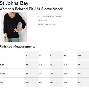 May include: Black 3/4 sleeve V-neck shirt from St Johns Bay. The shirt is made of 100% rib knit cotton and is relaxed fit. The bust measurements range from 35 to 46 inches. The waist measurements range from 28 to 39 inches.