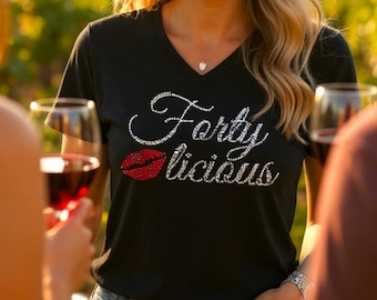 Fortylicious rhinestone embellished shirt personalized 40th birthday gift custom sparkle tee customized glam gift idea for her party