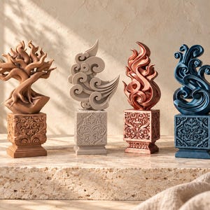 May include: Four decorative sculptures on square, ornate pedestals. The first is a brown tree, the second a light gray swirling cloud, the third a metallic copper flame, and the fourth a metallic blue flame. Each piece features intricate relief details.