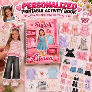 May include: A personalized printable activity book featuring a custom doll cutout, various paper dresses, shirts, skirts, and accessories. The cover displays the text Stylish Liliana with a pink bedroom illustration and a digital PDF label.