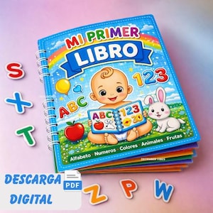 Könnte beinhalten: Ein Kinderbuch mit dem Titel "MI PRIMER LIBRO" mit einer Baby-Illustration auf dem Cover. Das Buch zeigt ABCs, Zahlen und Bilder eines roten Apfels und eines weißen Kaninchens. Magnetische Buchstaben und die Worte "DESCARGA DIGITAL" sind ebenfalls sichtbar.