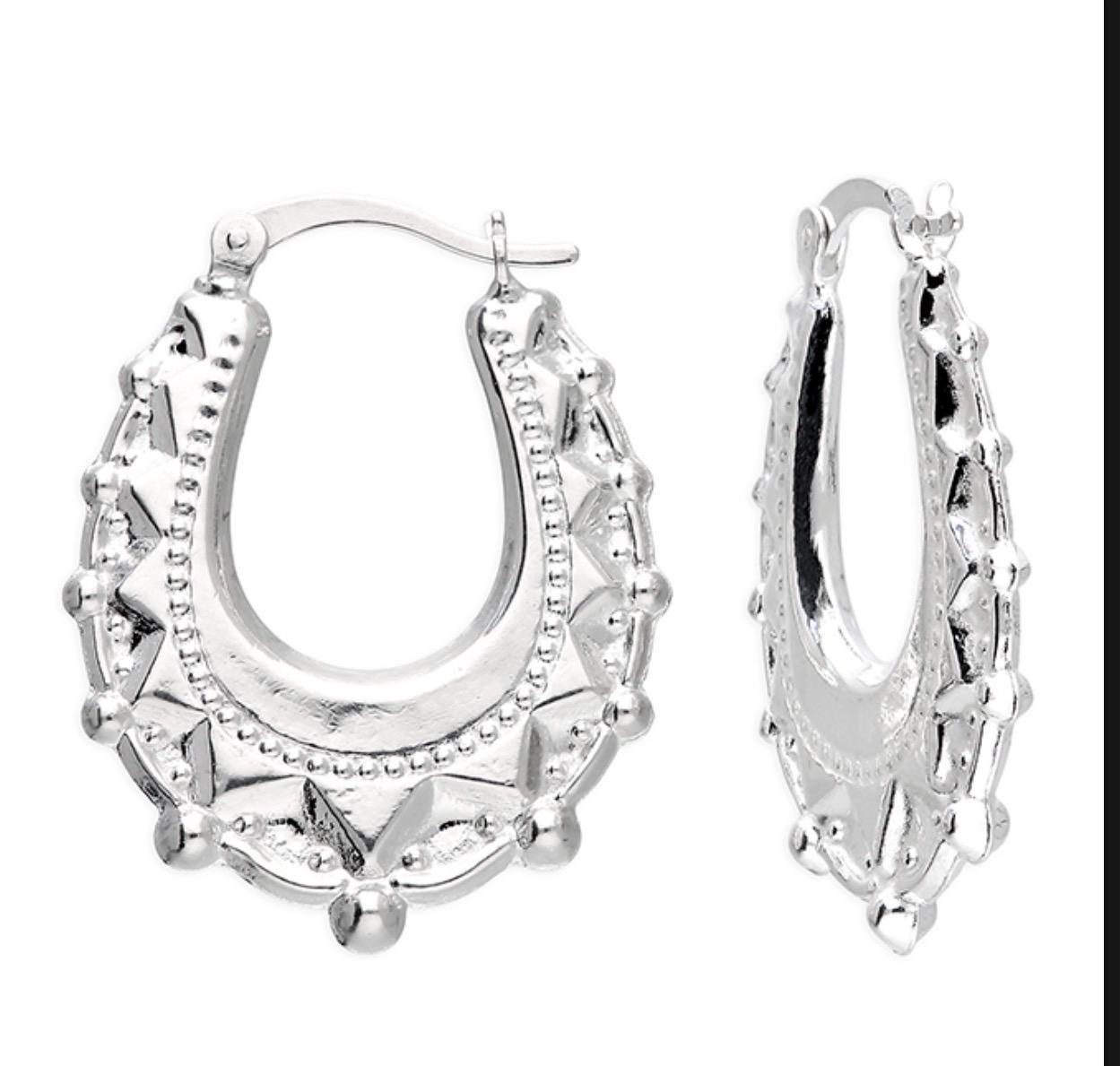 Sterling Silver Vintage Creole Hoop Earrings, Ornate Geometric Bohemian Hoops, Textured Ethnic Style Jewelry.
