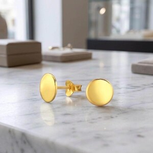 Gold Disc Earrings, 925 Sterling Silver Flat Round Studs