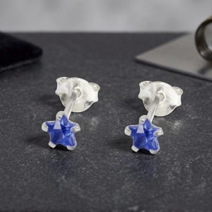Può includere: Un paio di orecchini a lobo a forma di stella a cinque punte con una gemma blu sfaccettata incastonata in una base di metallo color argento. Gli orecchini includono perni standard e sono mostrati con le stelle rivolte verso l'osservatore.