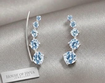 Sterling Silver Sapphire Blue CZ Ear Climbers, 18mm