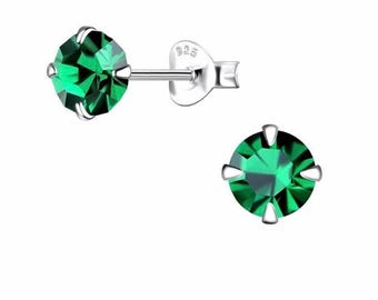 Emerald Green CZ Stud Earrings, 925 Sterling Silver, Minimalist Jewelry