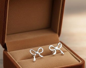 Sterling Silver Bow Stud Earrings, Silver Ribbon Studs, Dainty Coquette Jewellery.