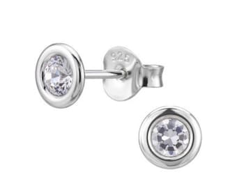 925 Sterling Silver Solitaire Stud Earrings, Dainty 5mm Bezel Minimalist Post Earrings,