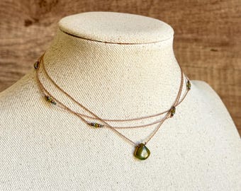 Green Teardrop Layered Boho Choker • Earthy Triple Strand Necklace • Cottagecore Jewelry for Her
