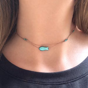 Teal Glass Fish Choker • Double Strand Seed Bead Necklace • Boho Beach Jewelry