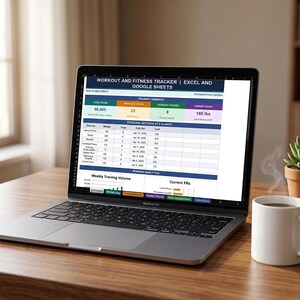 Op de afbeelding: Een MacBook Pro laptop met een workout- en fitnesstracker spreadsheet op een houten bureau. Een witte mok met een warm drankje staat naast de laptop en een kleine vetplant in een pot staat op de achtergrond. Het scherm toont gegevens zoals "96.400", "20" en "185 lbs".