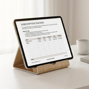 Può includere: Un tablet appoggiato su un supporto in legno chiaro, che mostra un documento digitale di monitoraggio degli abbonamenti con colonne per dati, importo, data e stato. Lo schermo mostra il titolo SUBSCRIPTION TRACKER e una guida all'uso.