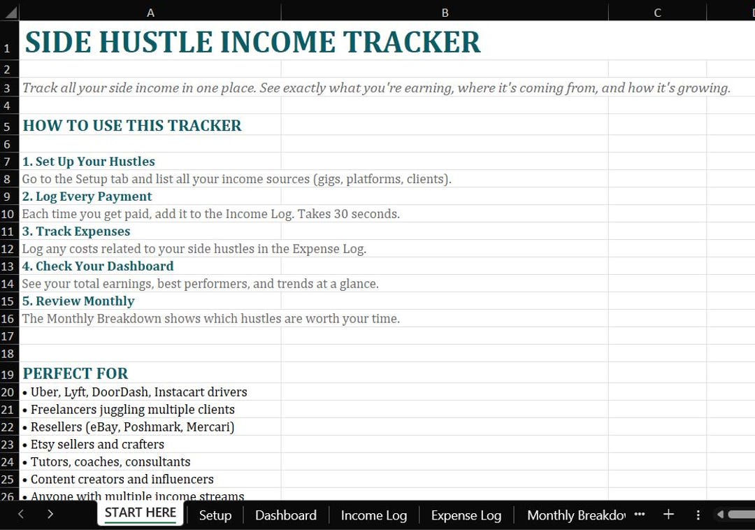 Side Hustle Income Tracker Spreadsheet: Excel & Google Sheets (digital