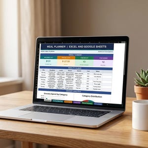 Puede incluir: Un ordenador portátil muestra una hoja de cálculo de planificación de comidas titulada "MEAL PLANNER | EXCEL AND GOOGLE SHEETS". La pantalla muestra datos de planificación de comidas semanales, incluyendo costos y totales de comestibles. Una taza blanca y una planta suculenta están sobre una mesa de madera.