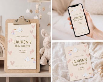 Modèle d'invitation de baby shower neutre cigogne