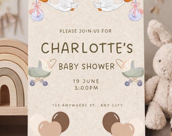 d'invitation neutre pour baby shower de Cigogne | Toile d'invitation modifiable| Téléchargement instantané