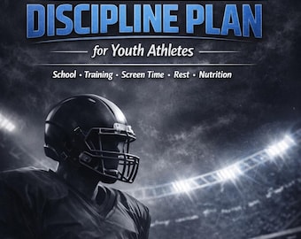 May include: A promotional image for youth athlete boys. The text reads "PRESEASON DISCIPLINE PLAN" with subheadings for School, Training, Screen Time, Rest, and Nutrition. A football player in a helmet is in the foreground, with a stadium in the background.