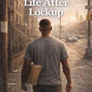 Könnte beinhalten: Buchcover "Life After Lockup", ein Wiedereingliederungsratgeber. Ein Mann entfernt sich, hält ein Dokument und Schlüssel, vor dem Hintergrund einer Stadt. Der Ratgeber ist von Unspoken DigitalCo.