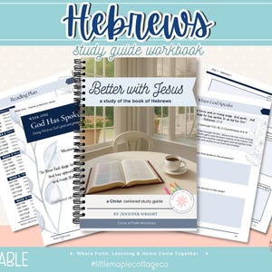 May include: A spiral-bound study guide workbook titled "Hebrews" with the text "Better with Jesus" and "a study of the book of Hebrews." The workbook includes a reading plan and study pages. The image has a light blue and pink colour scheme.