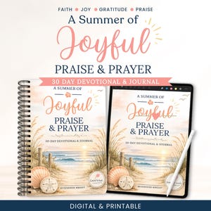 May include: A spiral-bound journal and a tablet displaying a devotional and journal titled "A Summer of Joyful Praise & Prayer." The cover art features a beach scene with seashells and the text "30-Day Devotional & Journal."