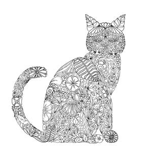 Puede incluir: Ilustración en blanco y negro de un gato, intrincadamente diseñado con patrones florales y de hojas. El gato está sentado con la cola enroscada. Los detalles incluyen varias formas de flores y hojas, creando un diseño artístico.