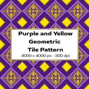 Purple and Yellow Geometric Tile Pattern, Moroccan Damask Digital Paper, Vibrant Boho Fabric Design, Retro Diamond Seamless Pattern