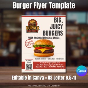 May include: A flyer template for a burger restaurant. The design features a large image of a burger with lettuce, tomato, and cheese. Text includes "Big, Juicy Burgers" and "Burger Factory". Includes a QR code and contact information.