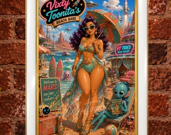 Vixly Toonita's Beach Babe Pin-Up - Gold Edition, Digital Art, Retro Printable Wall Art