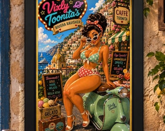 Vixly Toonita's Riviera Ravisher - Gold Edition, Digital Art, Retro Pin-Up Printable Wall Art