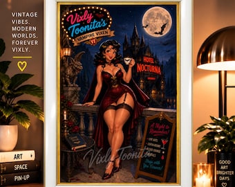 Vixly Toonita's Vampire Vixen - Gold Edition, Digital Art, Retro Pin-Up Printable Wall Art
