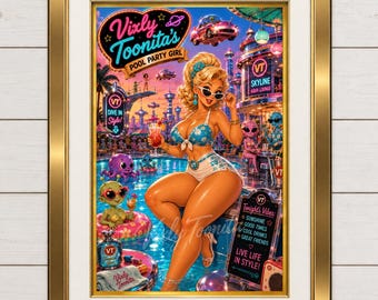 Vixly Toonita's Pool Party Girl - Gold Edition, Digital Art, Retro Pin-Up Printable Wall Art