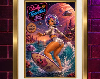 Vixly Toonita's Galaxy Surf Babe - Gold Edition, Digital Art, Retro Pin-Up Printable Wall Art